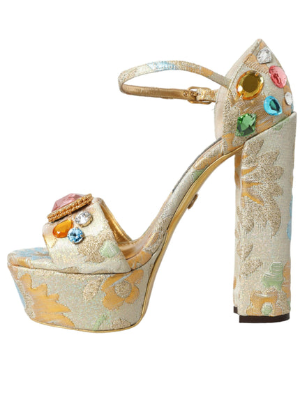 Dolce & Gabbana Gold Floral Jacquard Crystal Sandals - Ellie Belle