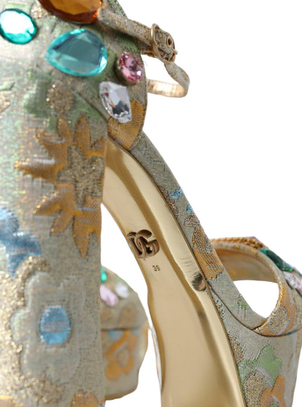 Dolce & Gabbana Gold Floral Jacquard Crystal Sandals - Ellie Belle