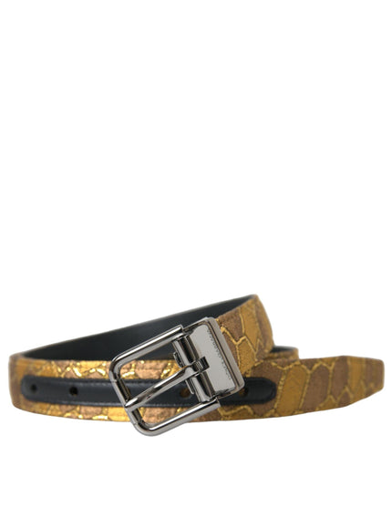 Dolce & Gabbana Gold Leather Jacquard Silver Metal Buckle Belt - Ellie Belle