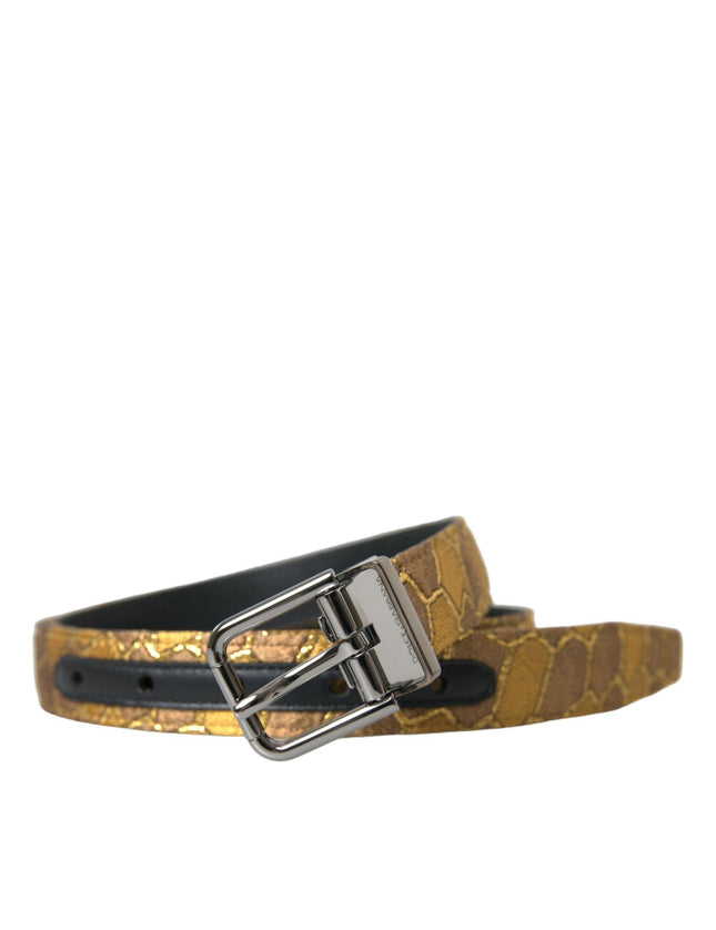 Dolce & Gabbana Gold Leather Jacquard Silver Metal Buckle Belt - Ellie Belle