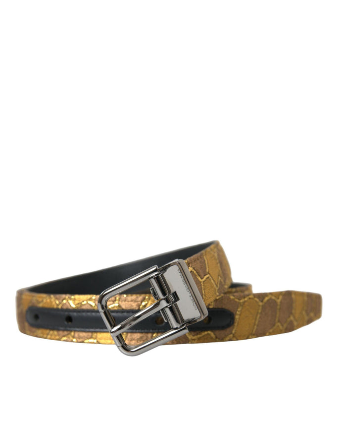 Dolce & Gabbana Gold Leather Jacquard Silver Metal Buckle Belt - Ellie Belle