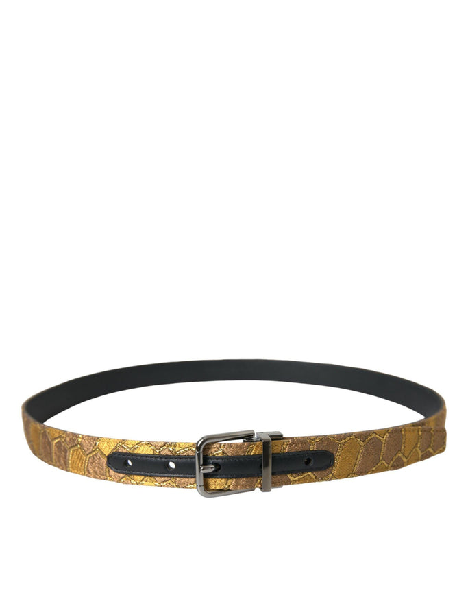 Dolce & Gabbana Gold Leather Jacquard Silver Metal Buckle Belt - Ellie Belle