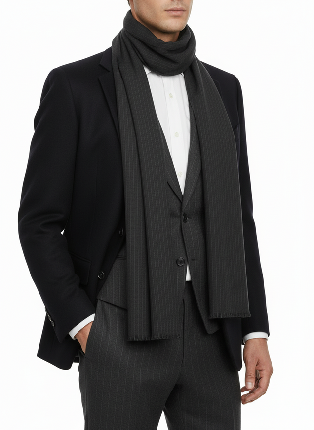 Dolce & Gabbana Gray 100% Wool Striped Pattern Wrap Scarf