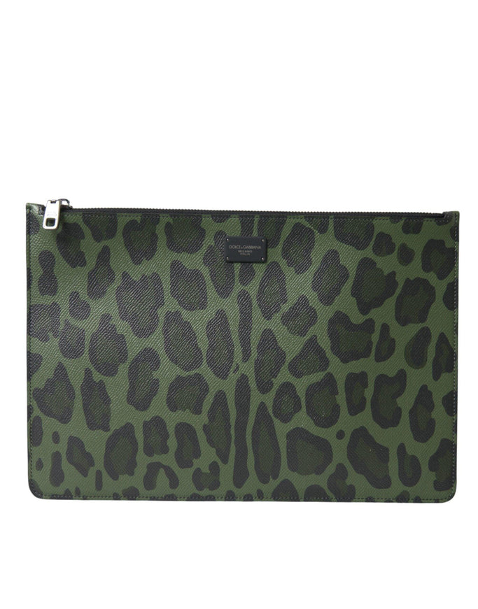 Dolce & Gabbana Green Logo Patch Leopard Leather Clutch Bag - Ellie Belle