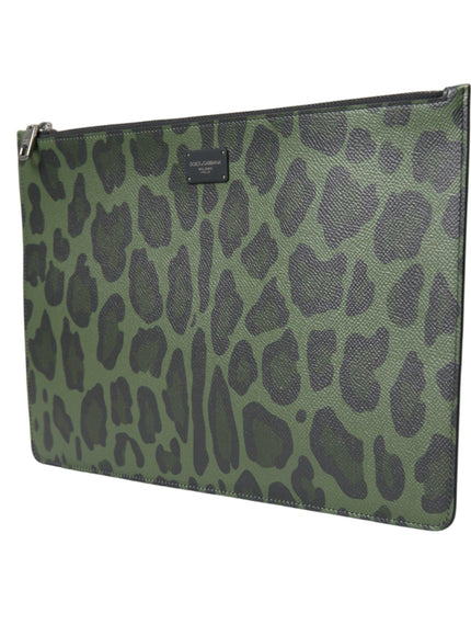 Dolce & Gabbana Green Logo Patch Leopard Leather Clutch Bag - Ellie Belle