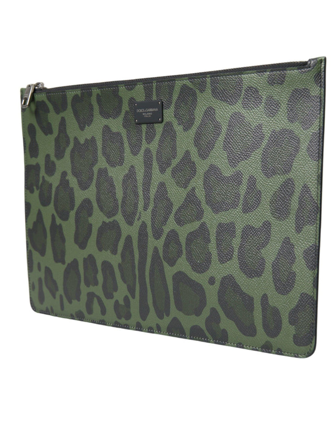 Dolce & Gabbana Green Logo Patch Leopard Leather Clutch Bag - Ellie Belle