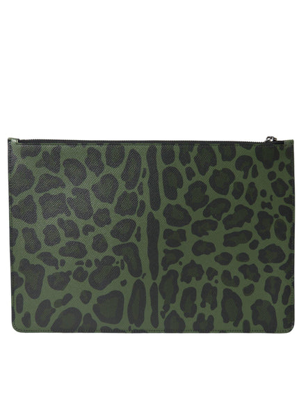 Dolce & Gabbana Green Logo Patch Leopard Leather Clutch Bag - Ellie Belle