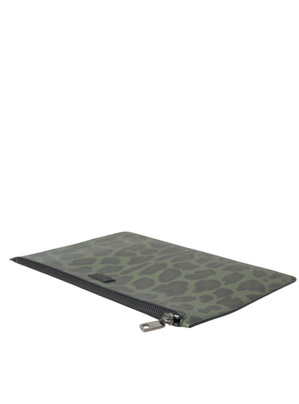 Dolce & Gabbana Green Logo Patch Leopard Leather Clutch Bag - Ellie Belle