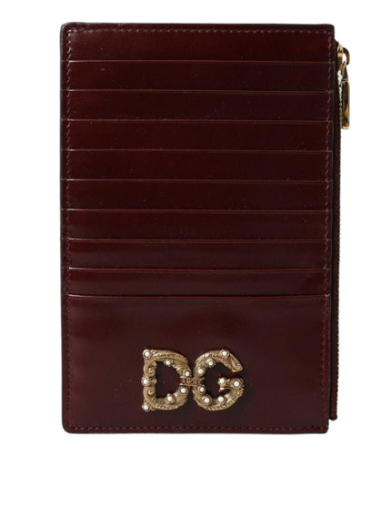 Dolce & Gabbana Maroon Leather DG Amore Zip Card Holder Wallet - Ellie Belle