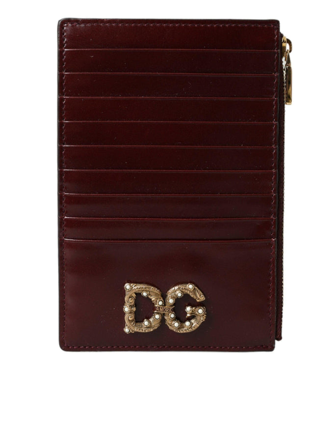 Dolce & Gabbana Maroon Leather DG Amore Zip Card Holder Wallet - Ellie Belle