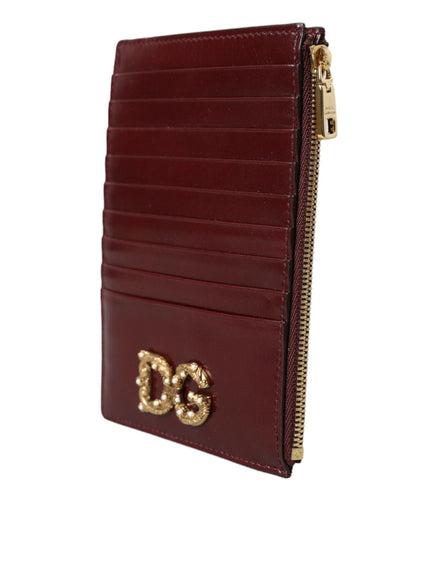 Dolce & Gabbana Maroon Leather DG Amore Zip Card Holder Wallet - Ellie Belle