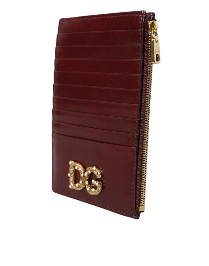 Dolce & Gabbana Maroon Leather DG Amore Zip Card Holder Wallet - Ellie Belle