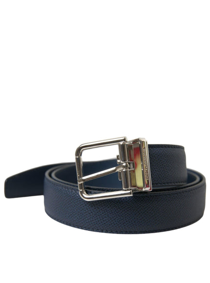 Dolce & Gabbana Navy Blue Leather Silver Metal Buckle Belt - Ellie Belle