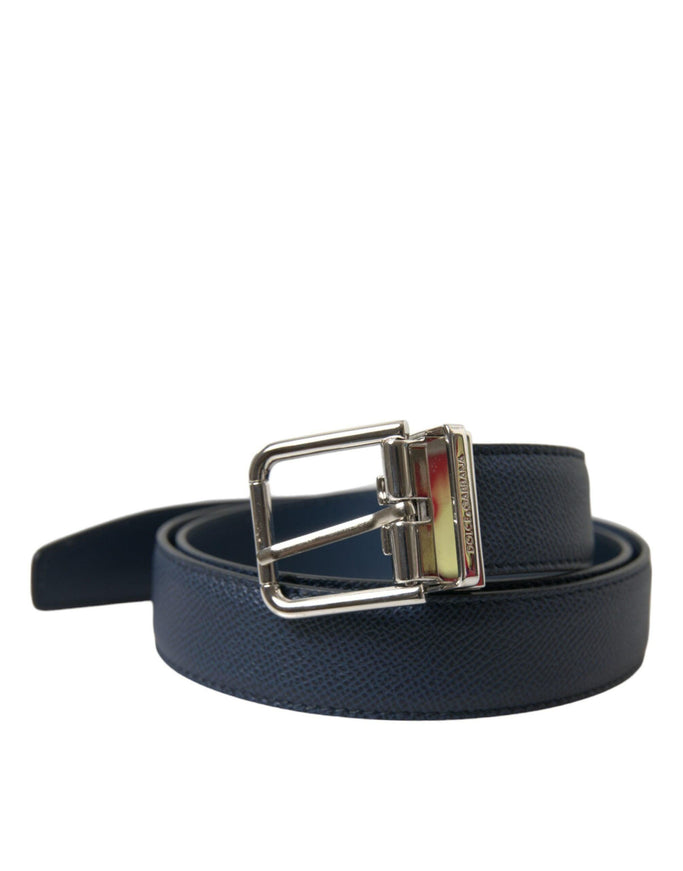 Dolce & Gabbana Navy Blue Leather Silver Metal Buckle Belt - Ellie Belle