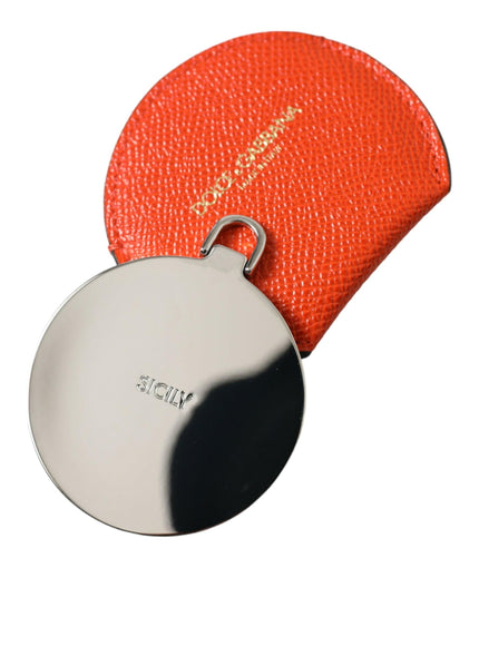 Dolce & Gabbana Orange Calfskin Leather Round Logo Hand Mirror Holder - Ellie Belle