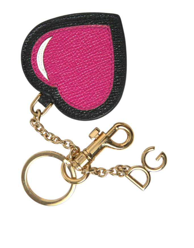 Dolce & Gabbana Pink Black Heart Leather Gold Tone Brass Keyring Keychain - Ellie Belle