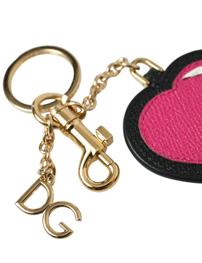 Dolce & Gabbana Pink Black Heart Leather Gold Tone Brass Keyring Keychain - Ellie Belle