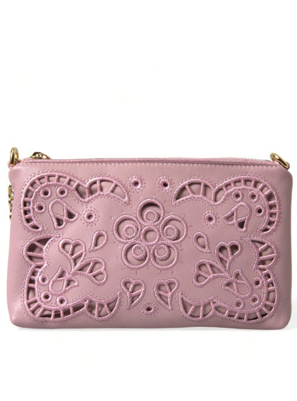 Dolce & Gabbana Pink Floral Embroidered Leather Chain Clutch Bag - Ellie Belle