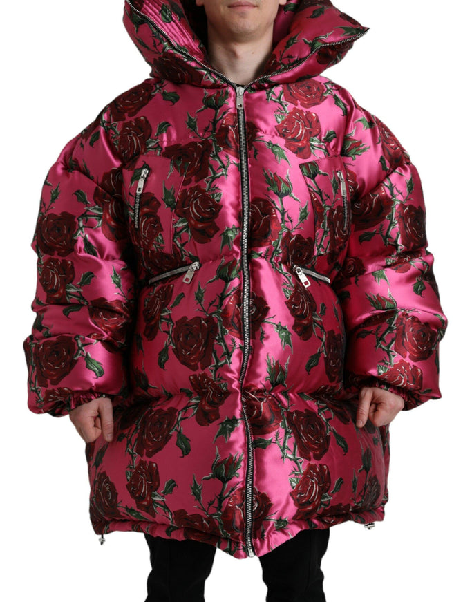 Dolce & Gabbana Pink Roses Pattern Hooded Padded Zip Jacket - Ellie Belle