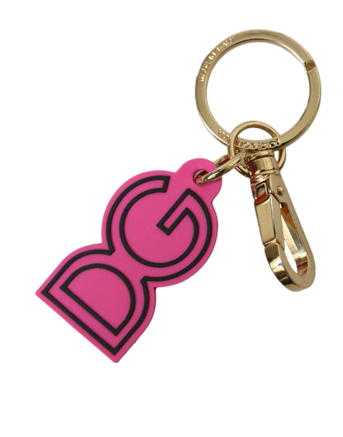 Dolce & Gabbana Pink Rubber Gold Tone Metal DG Logo Keyring Keychain - Ellie Belle