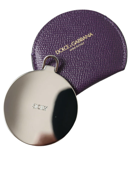 Dolce & Gabbana Purple Calfskin Leather Round Logo Hand Mirror Holder - Ellie Belle