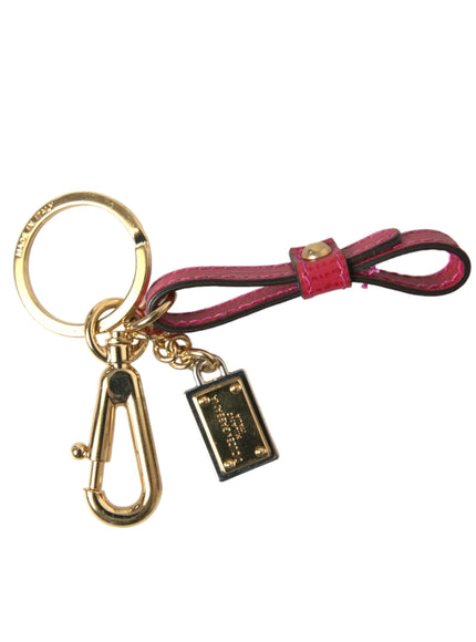 Dolce & Gabbana Red Calf Leather Gold Metal Logo Plaque Keyring Keychain - Ellie Belle