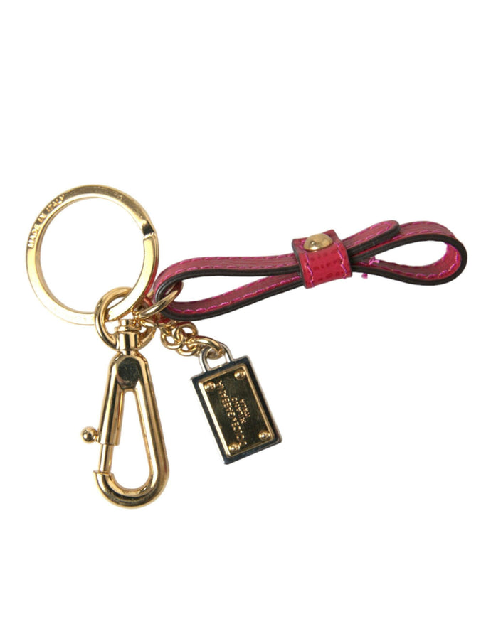 Dolce & Gabbana Red Calf Leather Gold Metal Logo Plaque Keyring Keychain - Ellie Belle