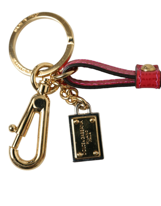 Dolce & Gabbana Red Calf Leather Gold Metal Logo Plaque Keyring Keychain - Ellie Belle