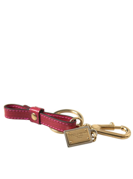 Dolce & Gabbana Red Calf Leather Gold Metal Logo Plaque Keyring Keychain - Ellie Belle