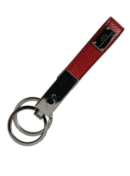 Dolce & Gabbana Red Leather Logo Plaque Silver Brass Keyring Keychain - Ellie Belle