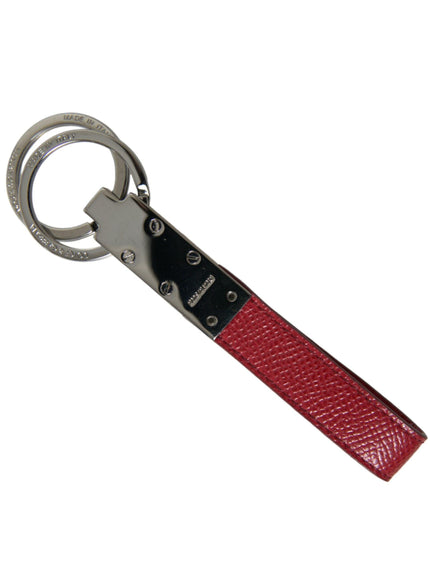 Dolce & Gabbana Red Leather Logo Plaque Silver Brass Keyring Keychain - Ellie Belle