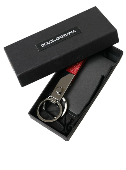 Dolce & Gabbana Red Leather Logo Plaque Silver Brass Keyring Keychain - Ellie Belle