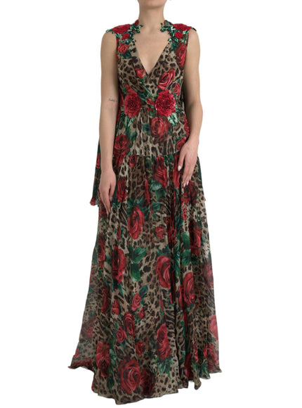 Dolce & Gabbana Rose-Embellished Leopard-Print V-Neck Gown - Ellie Belle