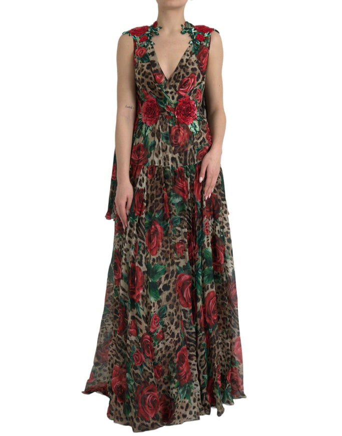 Dolce & Gabbana Rose-Embellished Leopard-Print V-Neck Gown - Ellie Belle