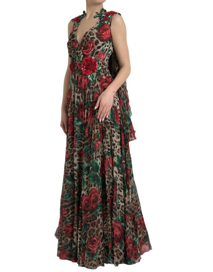 Dolce & Gabbana Rose-Embellished Leopard-Print V-Neck Gown - Ellie Belle