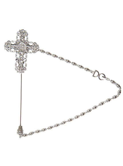 Dolce & Gabbana Silver Brass Cross Crystal DG Logo Lapel Pin Brooch - Ellie Belle