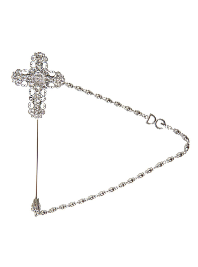 Dolce & Gabbana Silver Brass Cross Crystal DG Logo Lapel Pin Brooch - Ellie Belle
