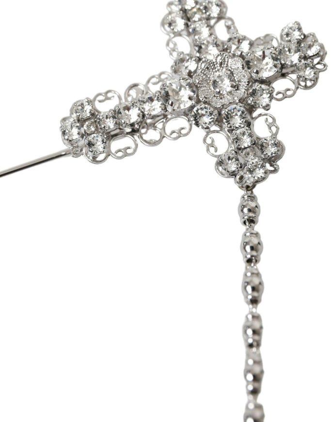 Dolce & Gabbana Silver Brass Cross Crystal DG Logo Lapel Pin Brooch - Ellie Belle