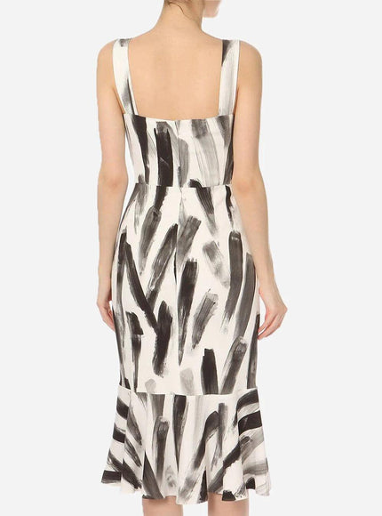 Dolce & Gabbana Sleeveless Paintbrush-Print Midi Dress, White/Black - Ellie Belle