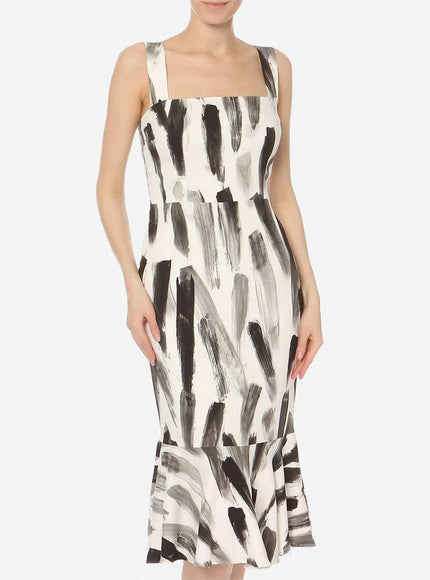 Dolce & Gabbana Sleeveless Paintbrush-Print Midi Dress, White/Black - Ellie Belle