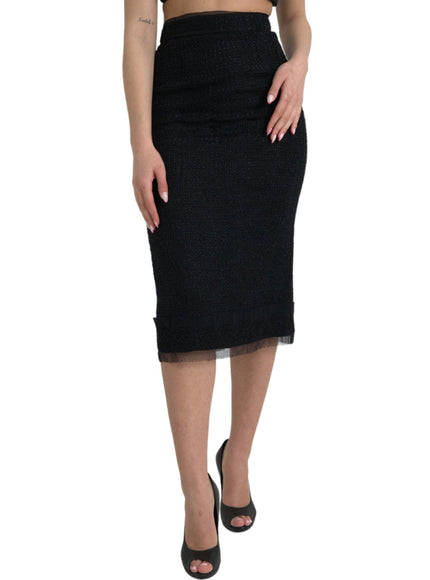 Dolce & Gabbana Solid Black High Waist Midi Skirt - Ellie Belle