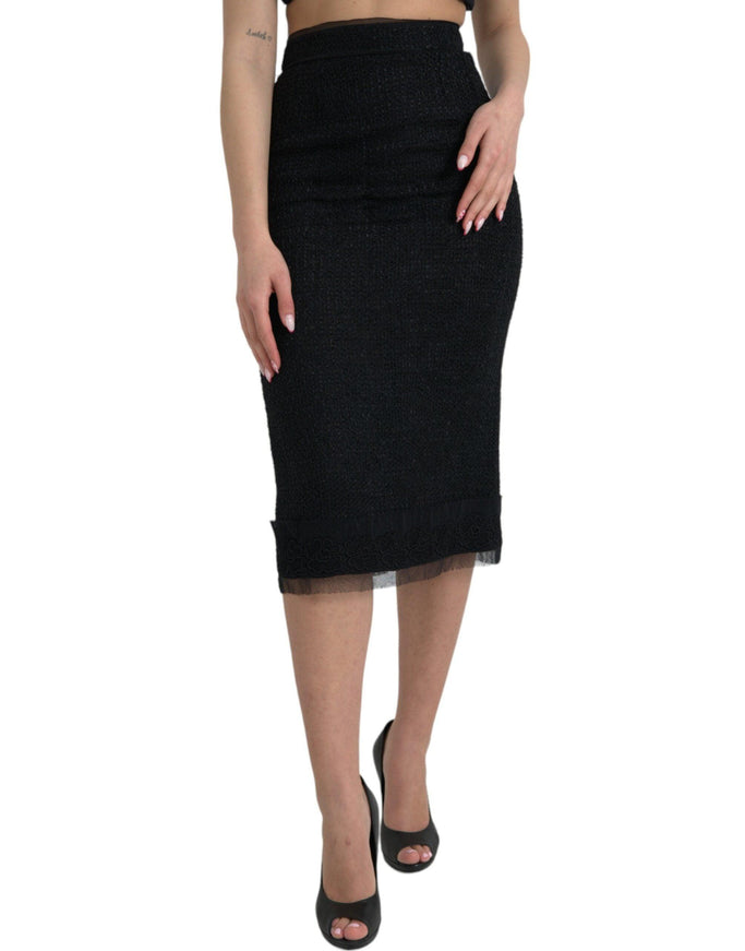 Dolce & Gabbana Solid Black High Waist Midi Skirt - Ellie Belle