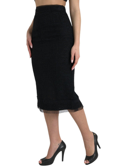 Dolce & Gabbana Solid Black High Waist Midi Skirt - Ellie Belle
