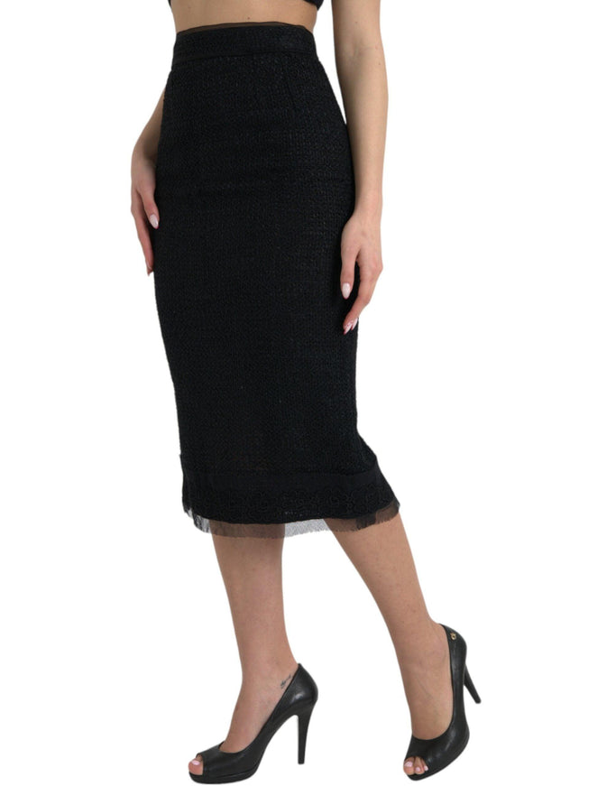 Dolce & Gabbana Solid Black High Waist Midi Skirt - Ellie Belle