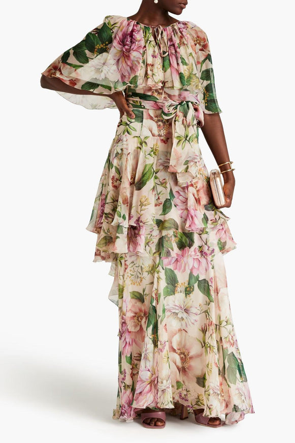 Dolce & Gabbana Tiered Floral-Print Maxi Dress In Pink - Ellie Belle