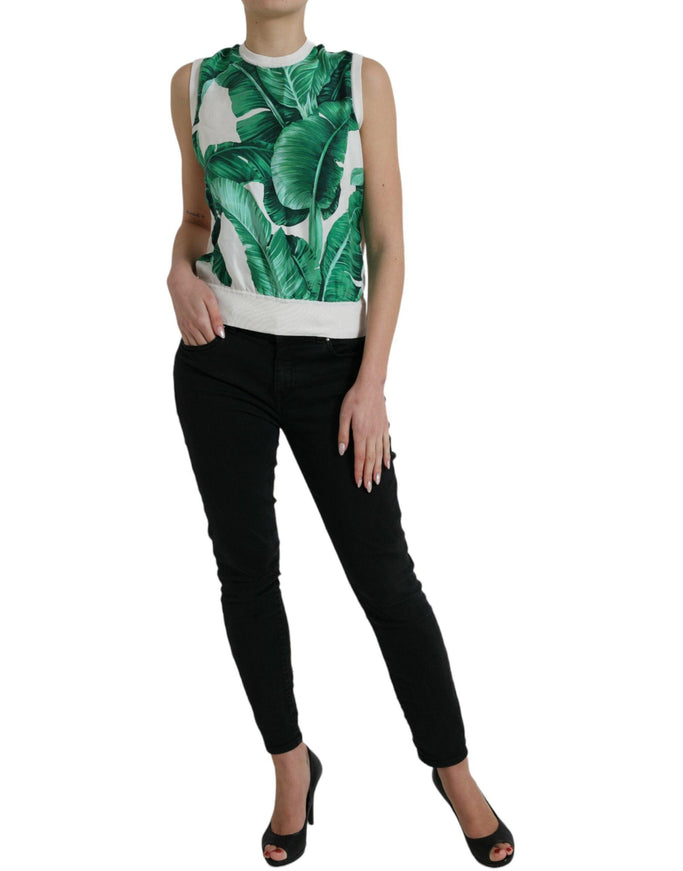 Dolce & Gabbana White Banana Leaf Print Crew Neck Tank Top - Ellie Belle