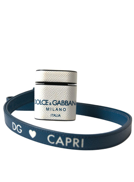 Dolce & Gabbana White Blue Calf Leather Logo Print Strap Airpods Case - Ellie Belle