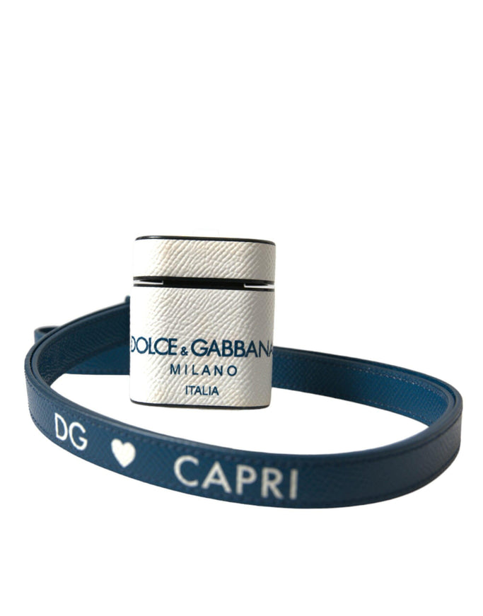 Dolce & Gabbana White Blue Calf Leather Logo Print Strap Airpods Case - Ellie Belle