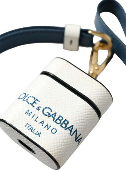 Dolce & Gabbana White Blue Calf Leather Logo Print Strap Airpods Case - Ellie Belle