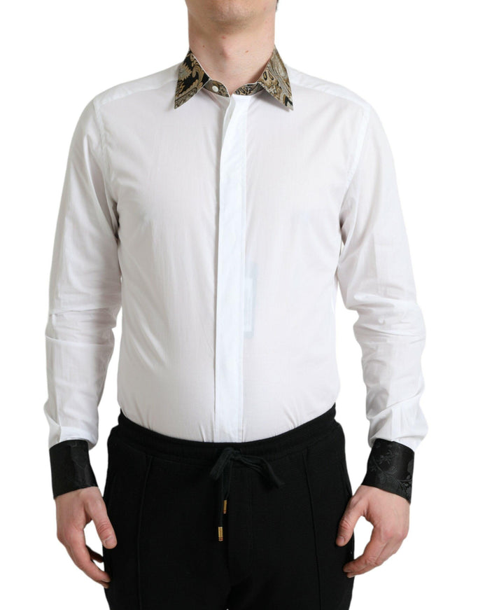 Dolce & Gabbana White Cotton Jacquard Formal GOLD Dress Shirt - Ellie Belle